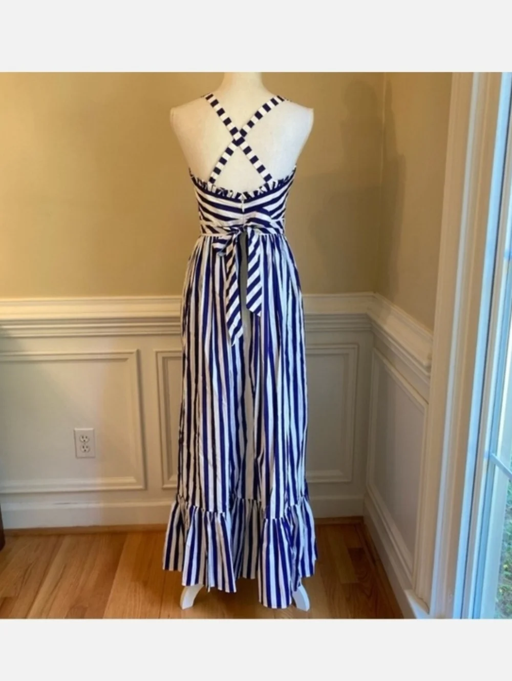 J CREW Blue White Cabana Stripe Ruffle Maxi Dress NWT - Picture 4 of 9